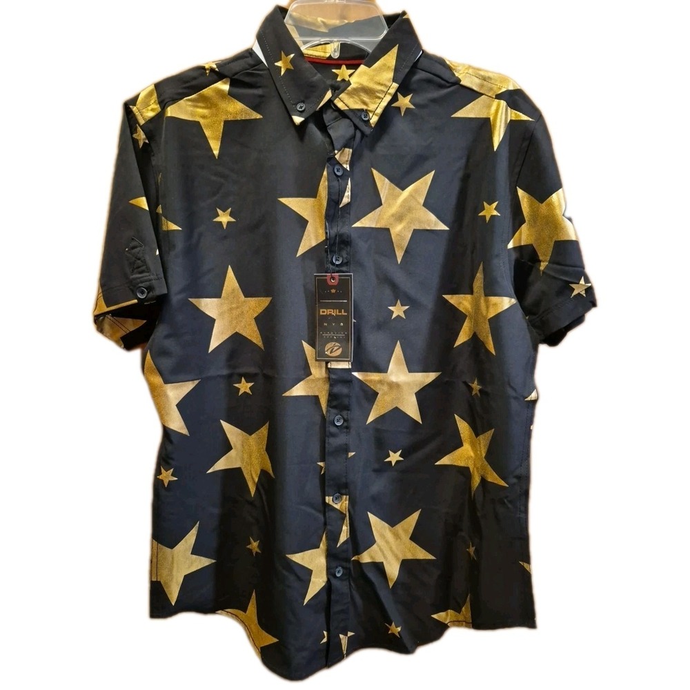 DRILL CLOTHING Shirt Men's  Black Gold Stars Button Up Short Sleeve NWT Sx Large